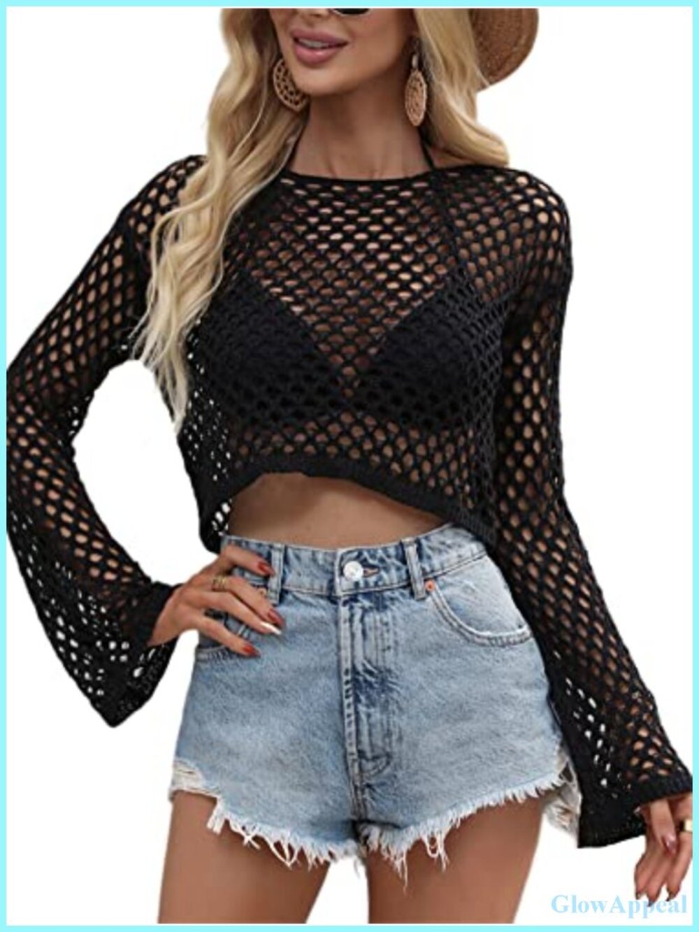 Women Mesh Crochet Crop Top Long Sleeve Hollow Out Knit Sweater Beach Cover Up